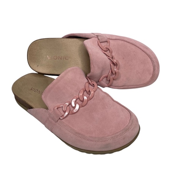 Vionic Shoes - Vionic Georgie Mule Suede Leather Slip On Clogs Shoes Pink Chain Link Size 9